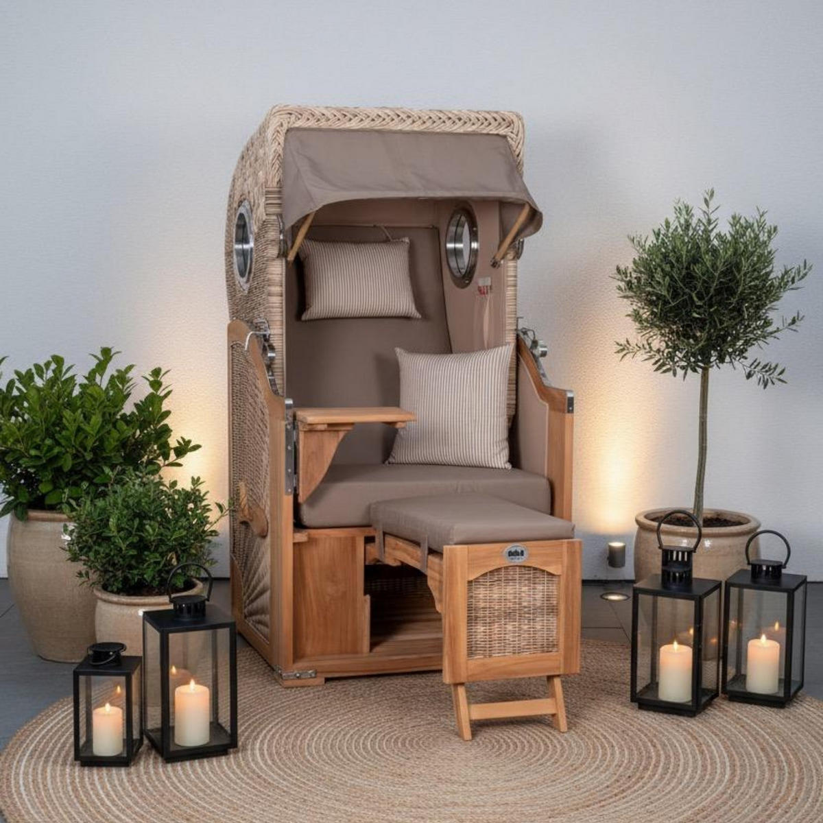 STRANDKORB Düne 1 Sitzer Teak PE Shell - Taupe/Braun, Holz/Textil (96/165/80cm) - Mr. Deko