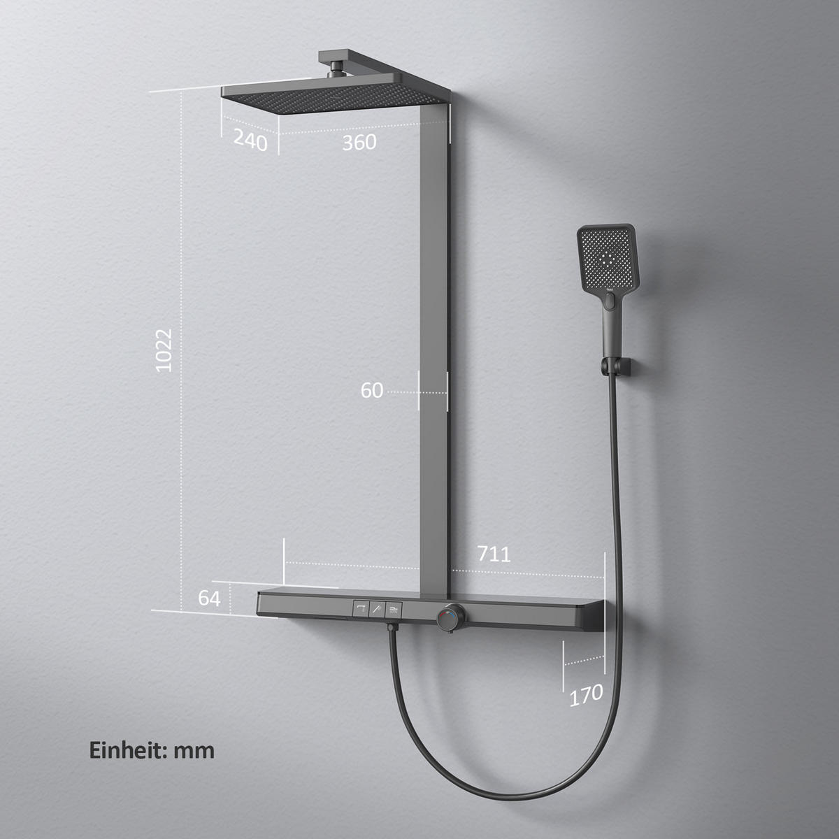 ÜBERKOPFBRAUSESET mit Großer Ablagefläche Brausethermostat Schwarz - Schwarz, Metall (66.5/198.6/71.1cm) - EMKE
