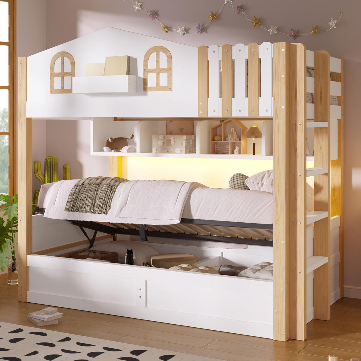 ETAGENBETT 90/200 cm Hausdesign mit Hydraulik-Stauraum und LED, DE-41987, in Weiß - Weiß, Holzwerkstoff (90/200cm) - ComfortXL
