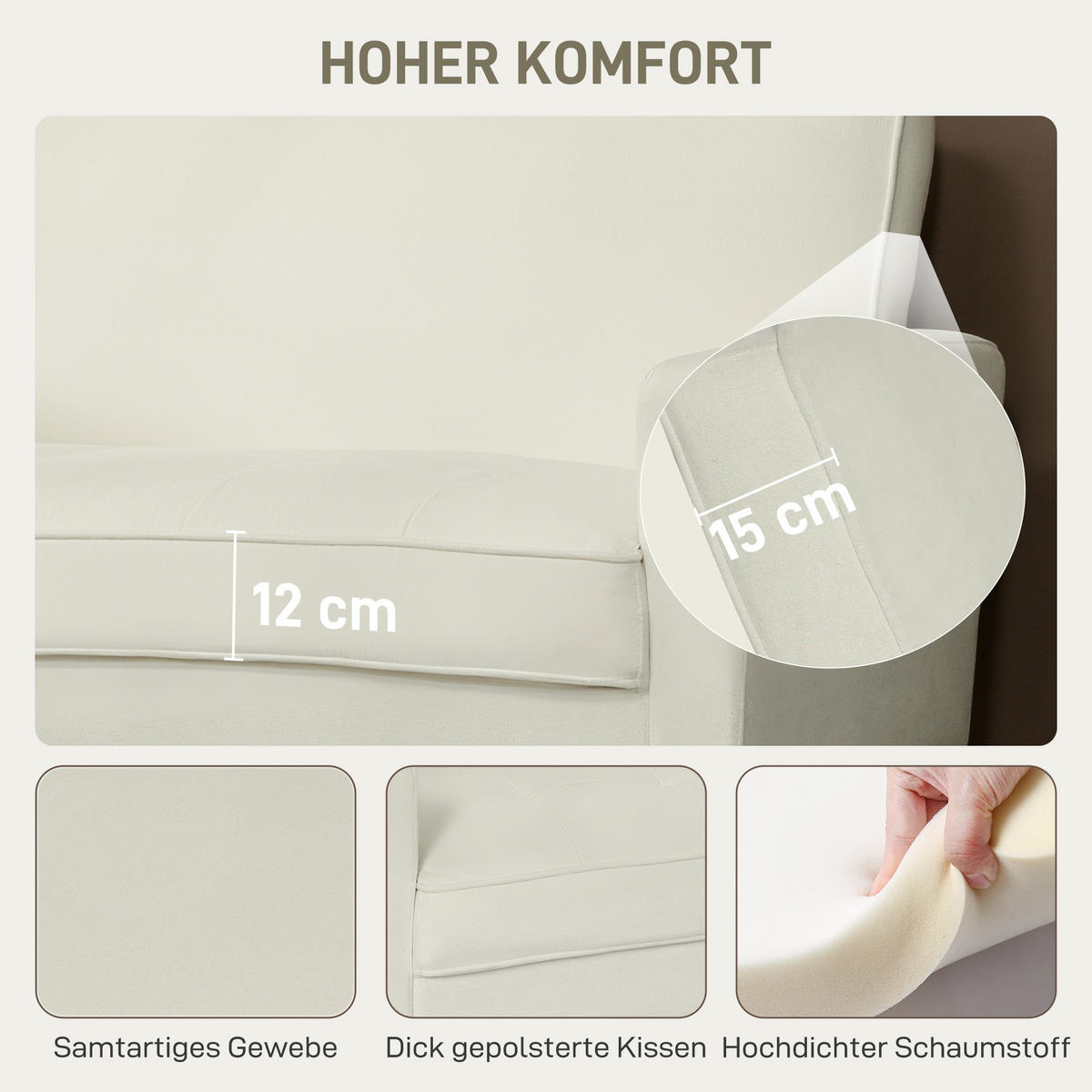 SOFA Polyester Gummiholz Cremeweiß - Creme/Naturfarben, Holz/Textil (74.5/82/130cm) - HOMCOM