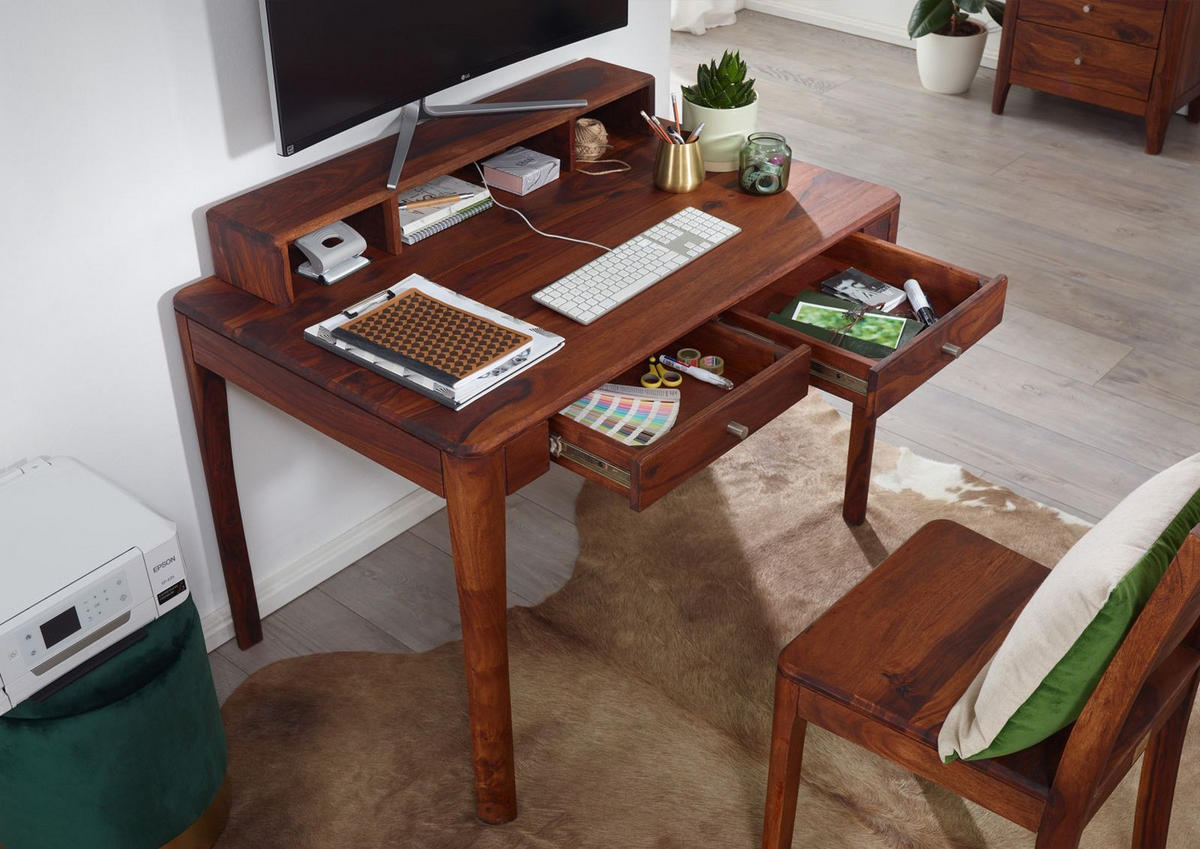 SCHREIBTISCH Sheesham 112x71x85 walnuss geölt BROOKLYN #05 - Dunkelbraun, Holz (71/112/85cm) - Massivmoebel24