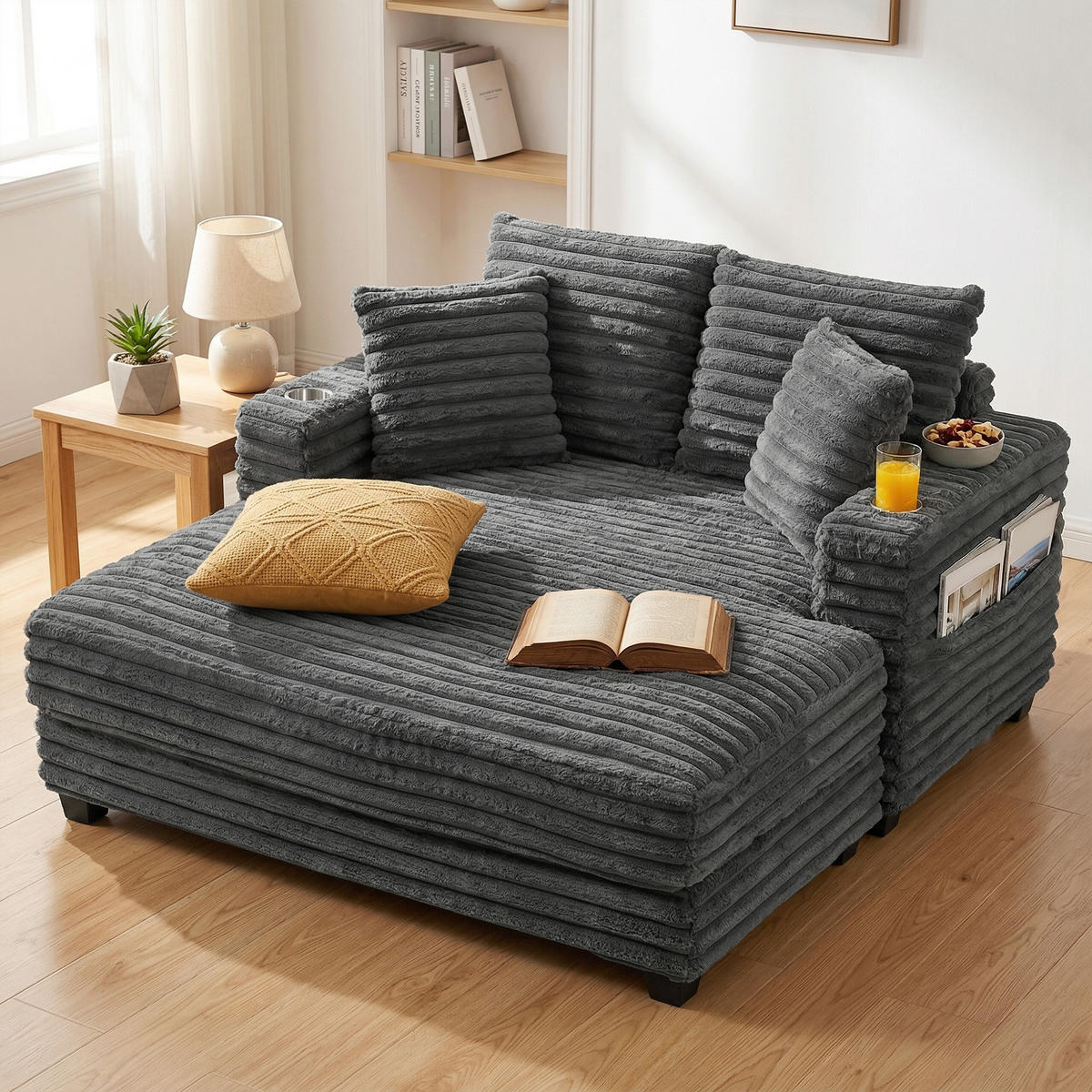 CHAISELONGUE 2 SITZER DE-06570 Großes Schlafsofa mit Becherhalter Grau - Grau, Holz/Textil (134/89/151cm) - ComfortXL
