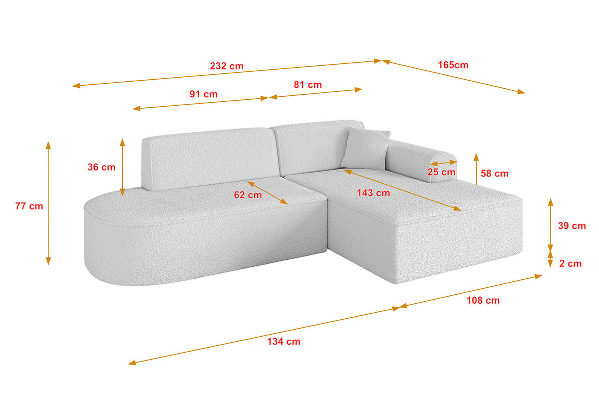 ECKSOFA Ottomane Rechts IREA-L1-v3 - 232x165x77 cm Weiß - Weiß, Holzwerkstoff/Textil (232/165cm) - ALTDECOR