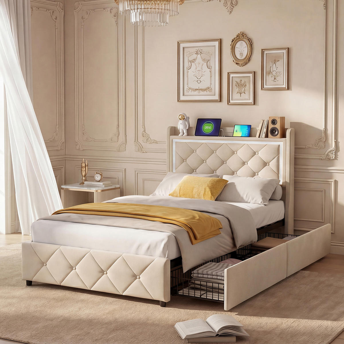 POLSTERBETT,EINZELBETT 90x200 mit Schubladen und LED&USB,Grau - Beige, Holz/Metall (90/200cm) - PARAFTA HOME