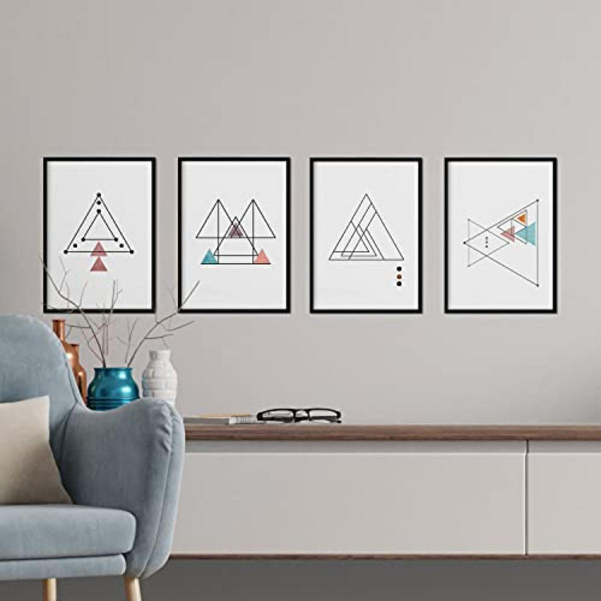 POSTER Set mit 4 dünne Linien Nordischen Dreiecke geometrische Blätter in Rot und Blau A4 Schwarzer Rahmen - Schwarz, Papier (29.7/3cm) - Nacnic