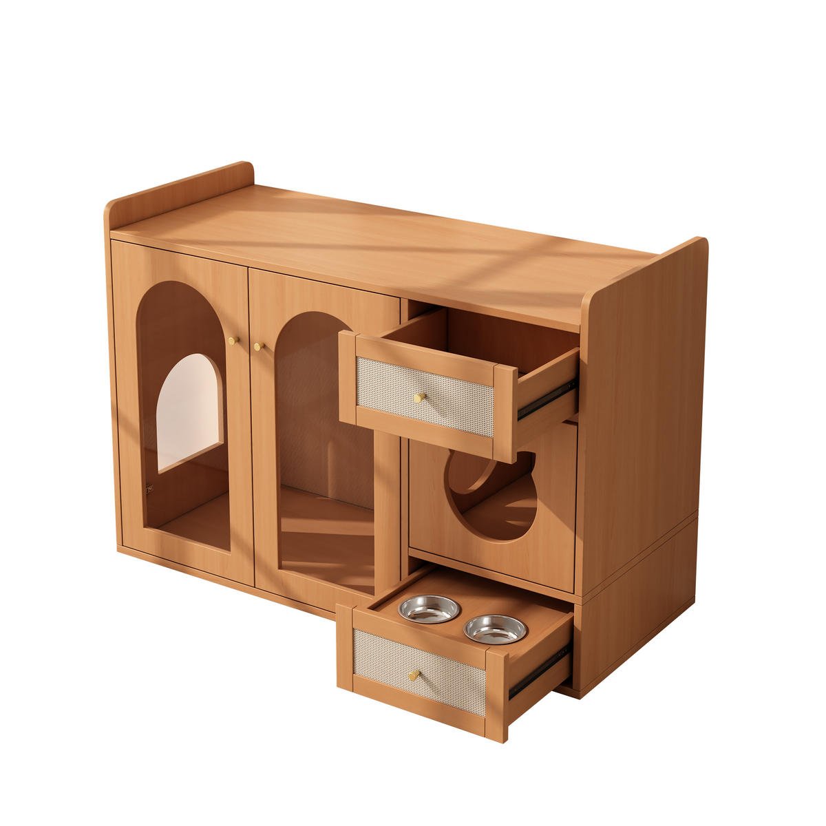 SIDEBOARD 120/45/76 cm, 5-in-1 Katzenmöbel mit verstecktem Katzenklo, Futternapf-Schublade und Nussbaumoptik, Walnuss - Walnussfarben, Holzwerkstoff (120/83/45cm) - Redom