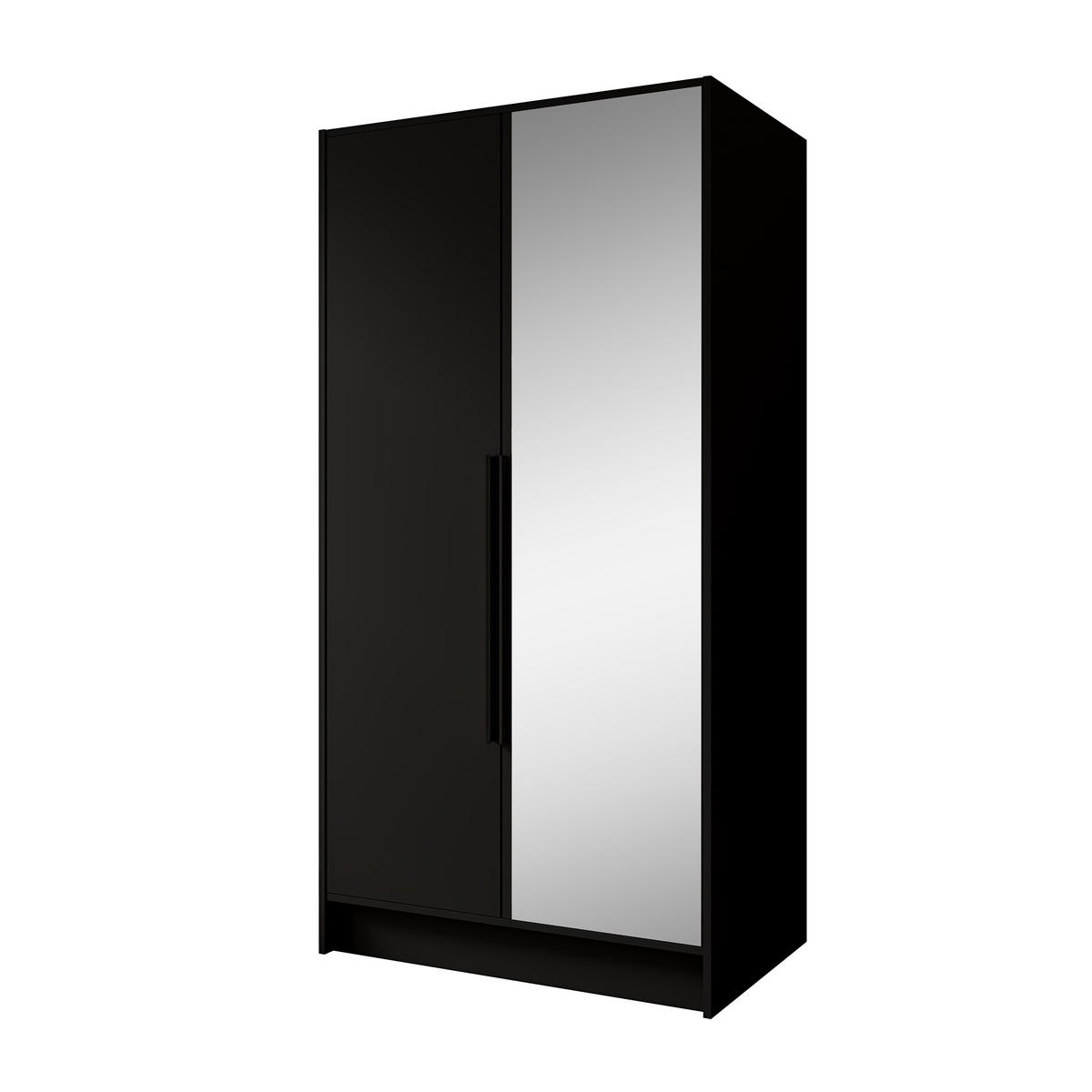 DREHTÜRENSCHRANK Laro mit Spiegel, Schwarz mit mit schwarzen Griffen, 100 cm - Schwarz, Holzwerkstoff (100/200/51cm) - Beautysofa