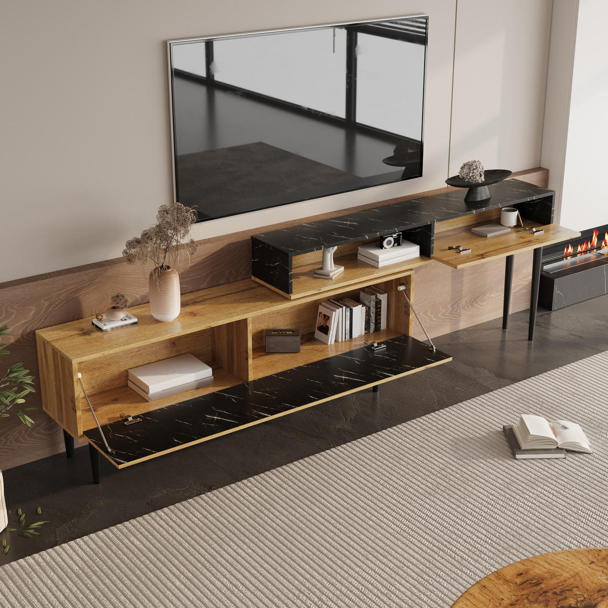 TV-SCHRANK Lowboard Marmoroptik Holz Metallbeine - Naturfarben, Holz (129/58/30cm) - Fortuna Lai