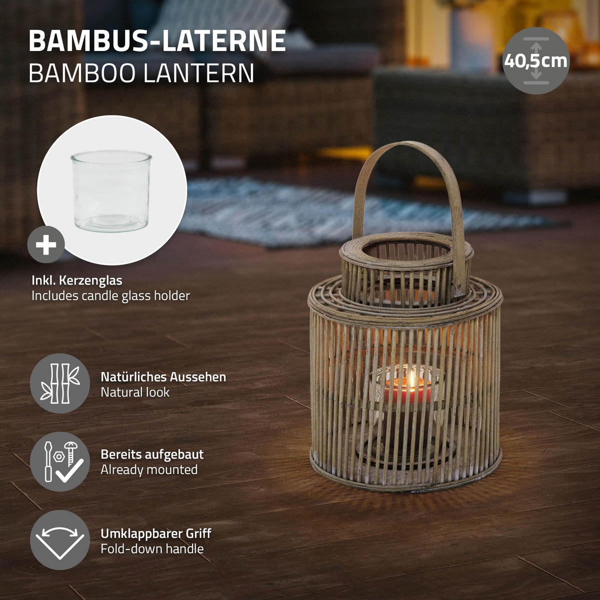 BAMBUSOVÁ LAMPION V: 40,5 cm, barva dřeva, styl boho - přírodní, dřevo (24.5/40.5/24.5cm) - ECD-Germany
