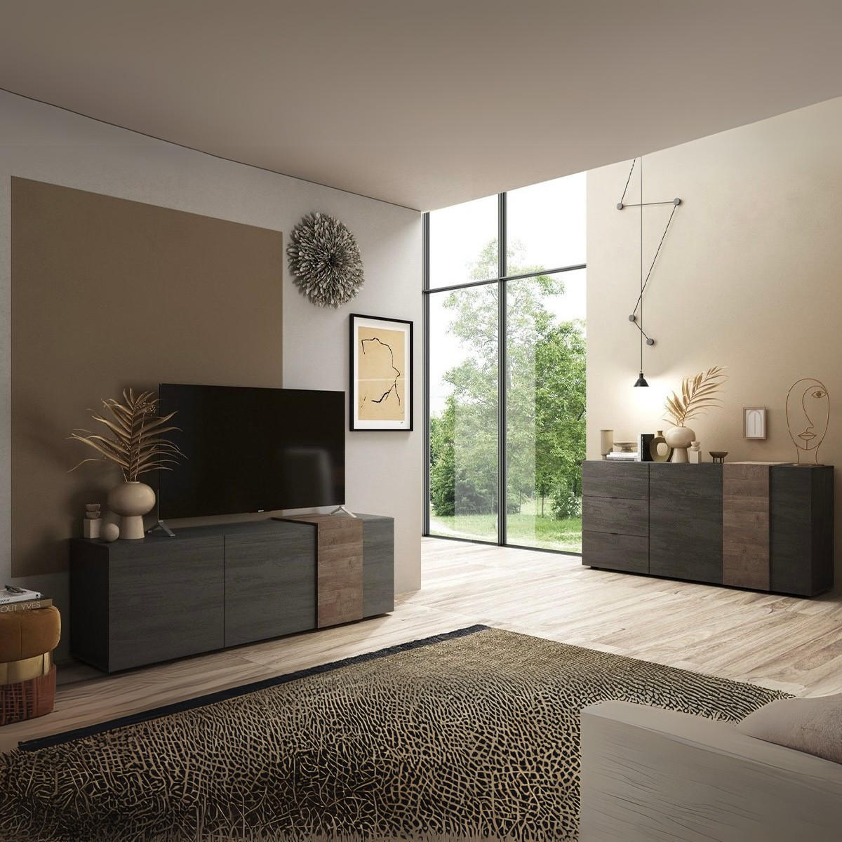 TV-MÖBEL 3 Schwingtüren Pluton - L181 cm - Nussbaumfarben, Holzwerkstoff (44/57/181cm) - Calicosy