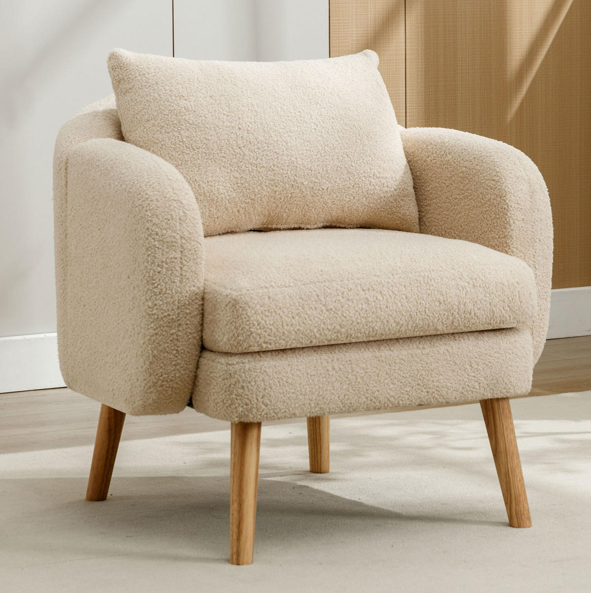 KŘESLO 71/72/71 cm béžové z teddy látky s polštářem a silným sedákem - béžová, textil (72/71/71cm) - OKWISH