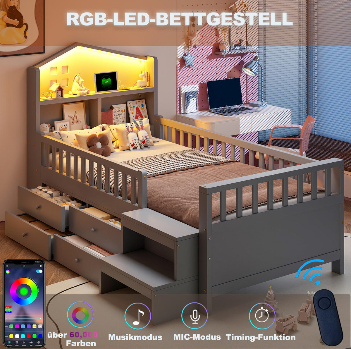 KINDERBETT 90/200 cm mit LED, USB- und USB-C-Anschluss, 4 Schubladen, Treppe und Lattenrost, Grau - Grau, Holzwerkstoff (90/200cm) - Redom