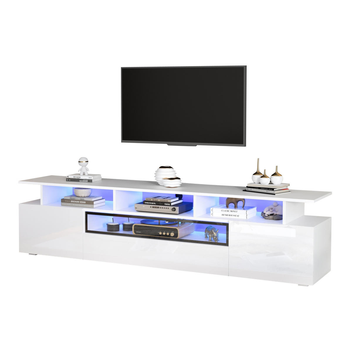TV-SCHRANK 180/38/45 cm weiß Hochglanz mit 2 Schränken, 1 Schublade und LED-Beleuchtung - Weiß, Holzwerkstoff (180/45/38cm) - OKWISH