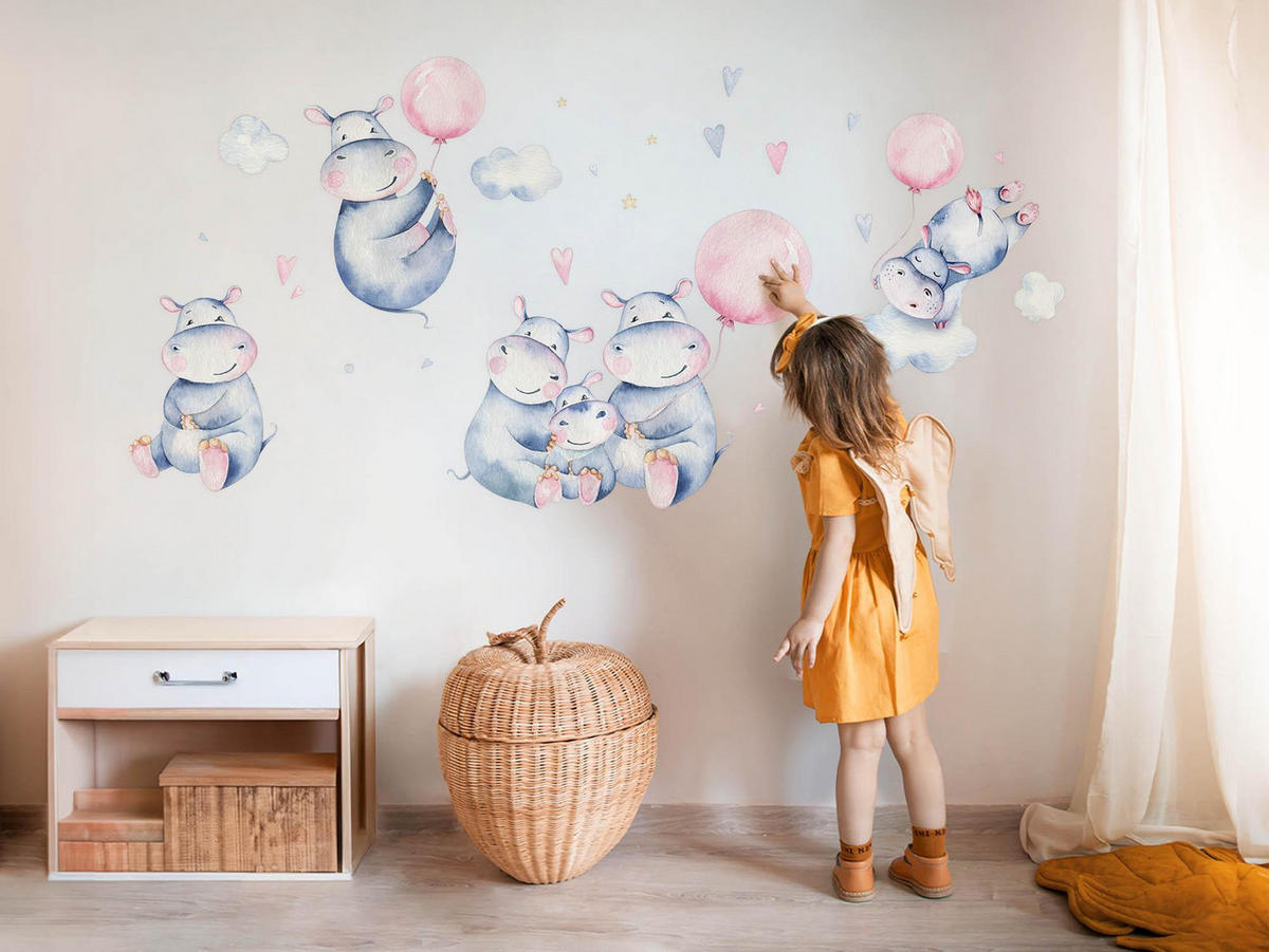 WANDAUFKLEBER 60x102cm - Nilpferdfamilie - Multicolor, Kunststoff (60/102/0.1cm) - Wallfluent