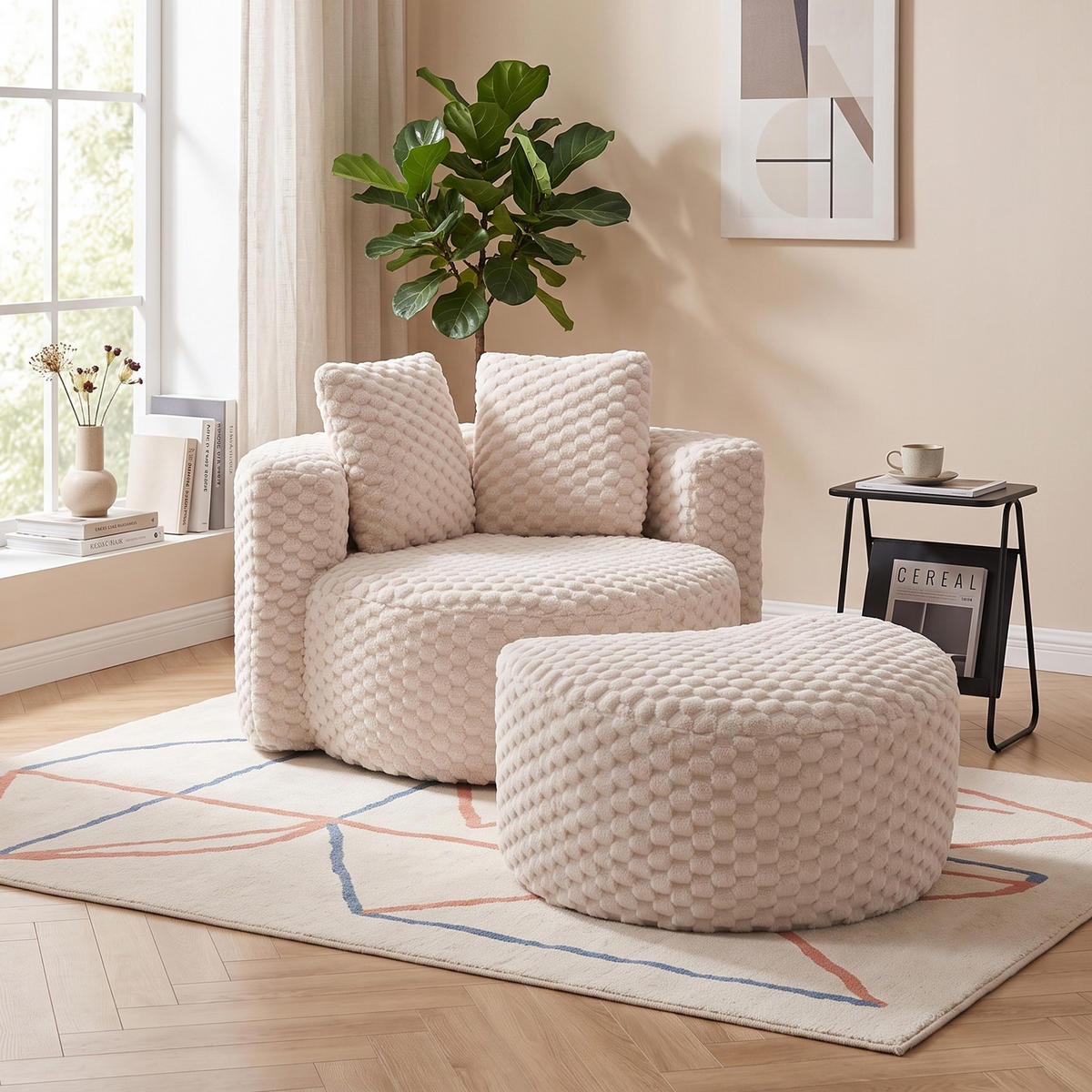 LOUNGESESSEL Mit Hocker Übergroß Rund Komprimiert Ohne Montage - Beige, Textil (129/65/116cm) - Urban Meuble