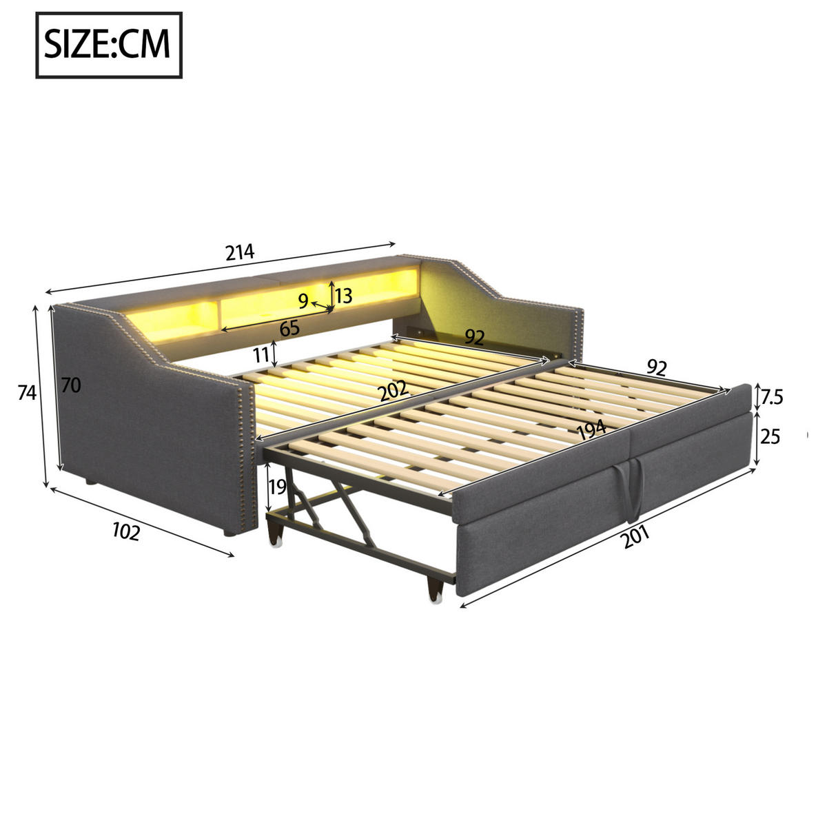 AUSZIEHBETT 90/180 x 200 cm Dunkelgrau mit LED-Beleuchtung und USB-Anschluss - Dunkelgrau, Textil (90/190cm) - Flora Grace