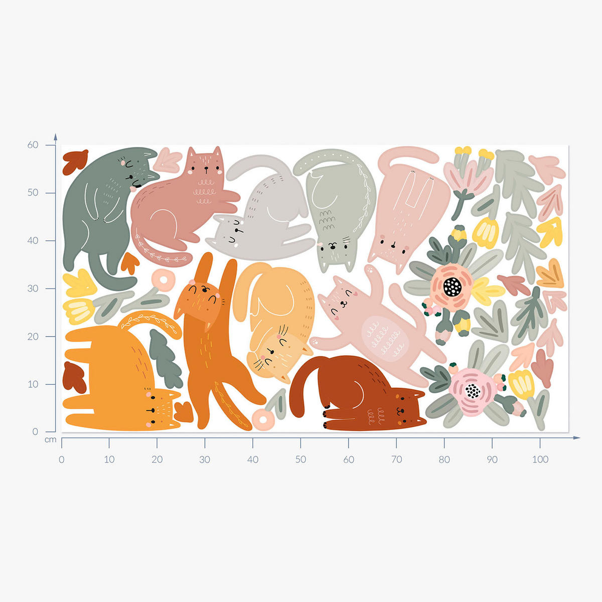 WANDAUFKLEBER 60x106cm - Katzen und Blumen - Multicolor, Kunststoff (60/106/0.1cm) - Wallfluent