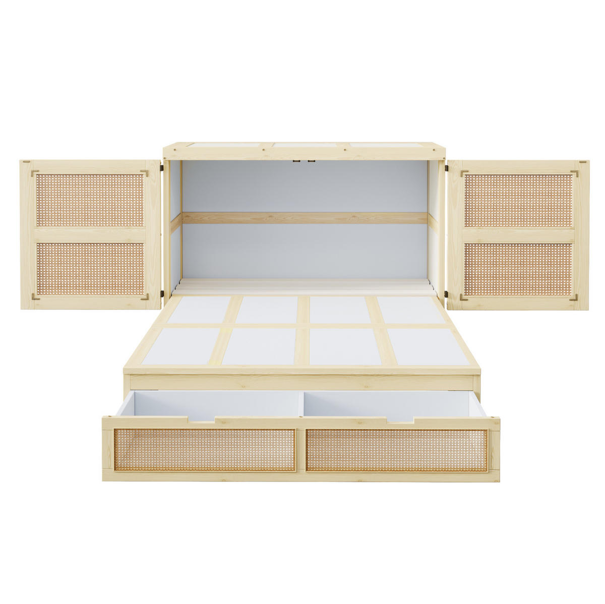 KLAPPBETT 140/200 cm in Holzfarbe mit Rattan-Design und Schubladen - Naturfarben, Holzwerkstoff (140/200cm) - Flora Grace