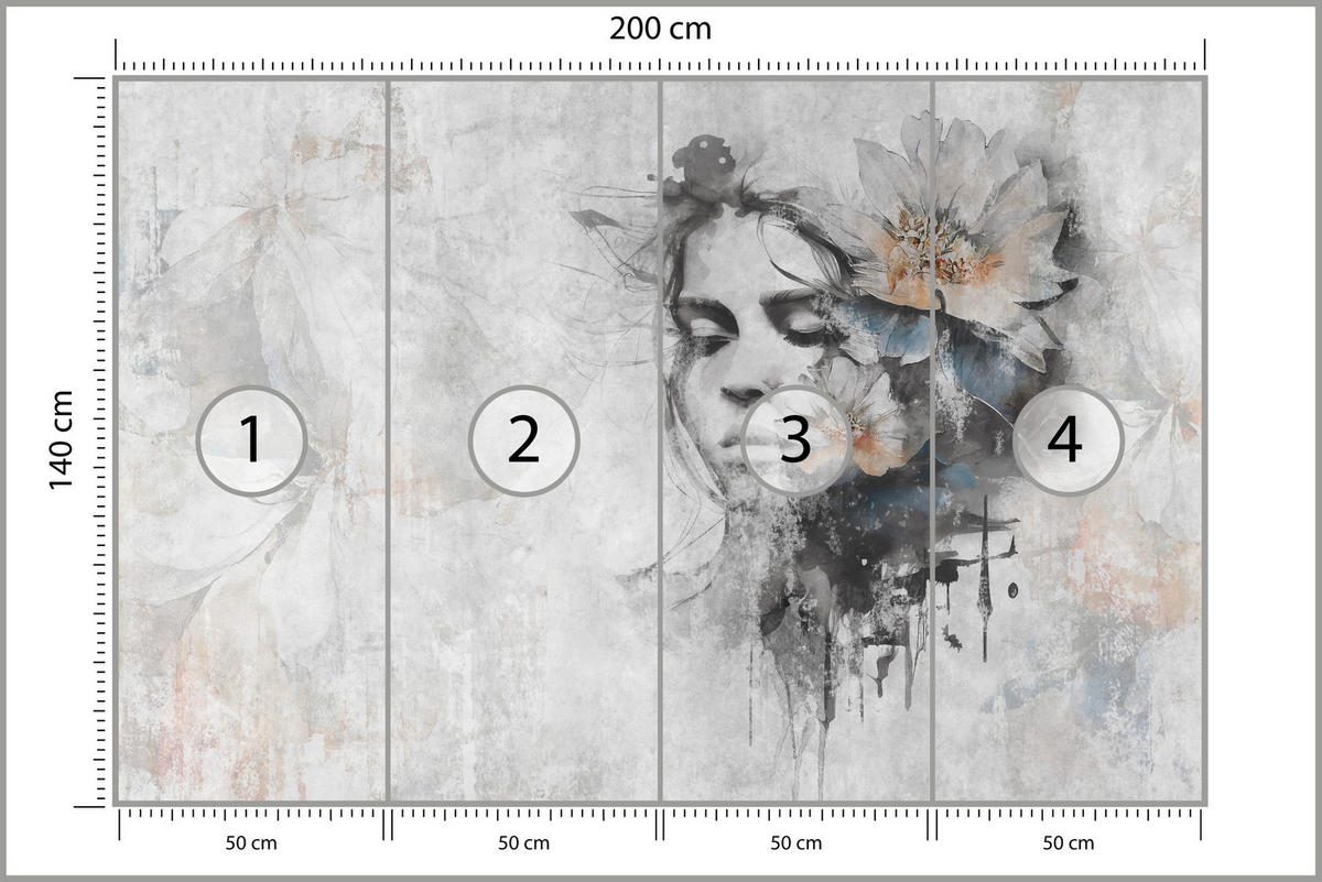 FOTOTAPETE für Wohnzimmer Gesicht Frau Grau Betonwand Blumen 200x140 - Grau, Papier (200/140cm) - Muralo