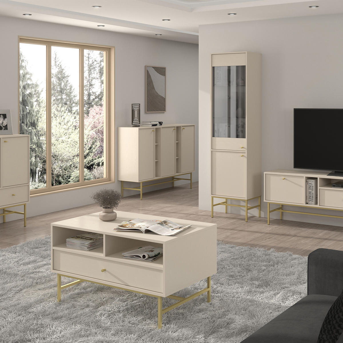 VITRINENSCHRÄNK FLOREN, Creme/Gold - Creme, Holzwerkstoff/Metall (51.8/207.5/40.8cm) - KONSIMO®