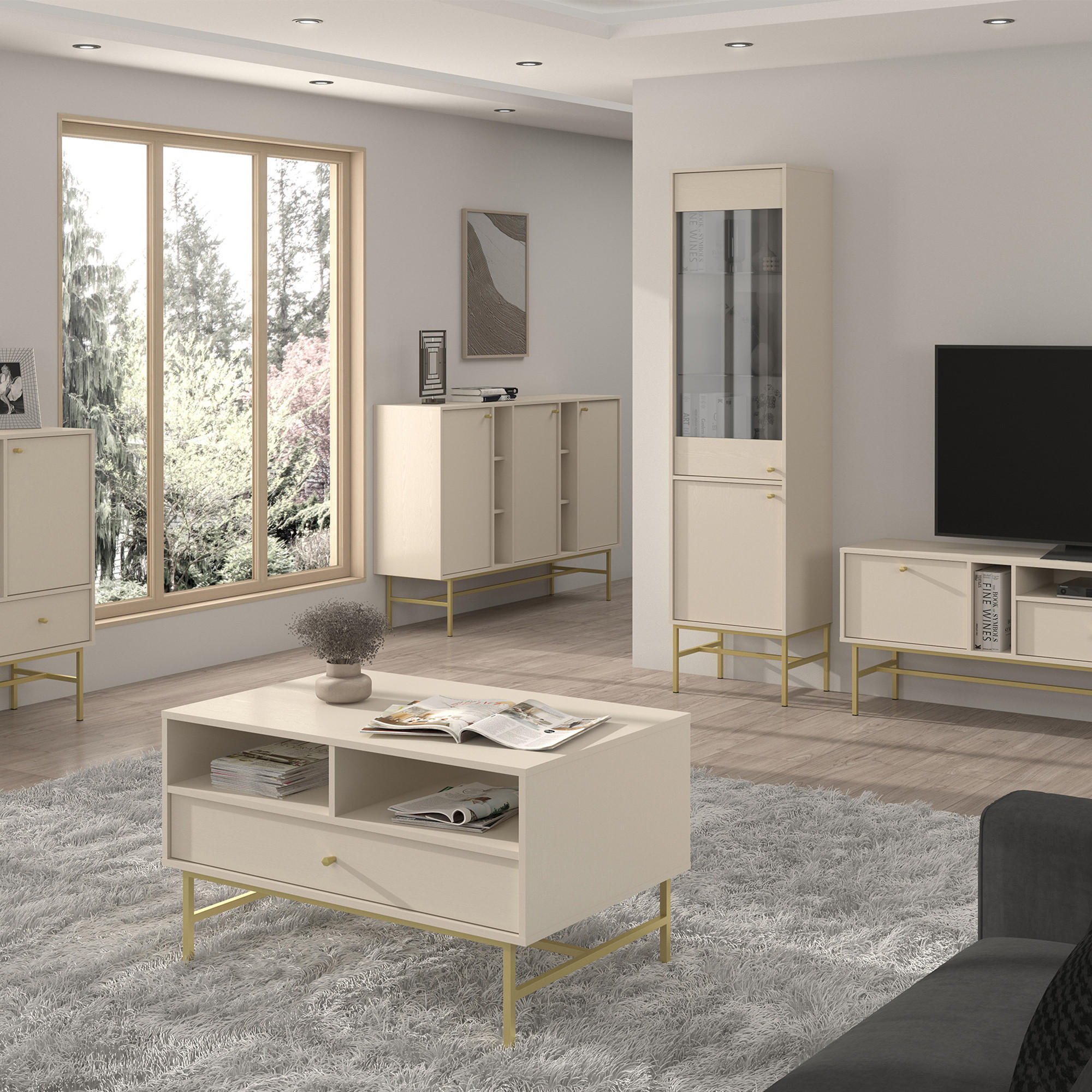 Thumbnail - Konsimo® Vitrinenschränk, Creme, Holzwerkstoff, Metall, 3 Fächer, 51.8x207.5x40.8 cm, Wohnzimmer, Wohnwände, Vitrinensch...