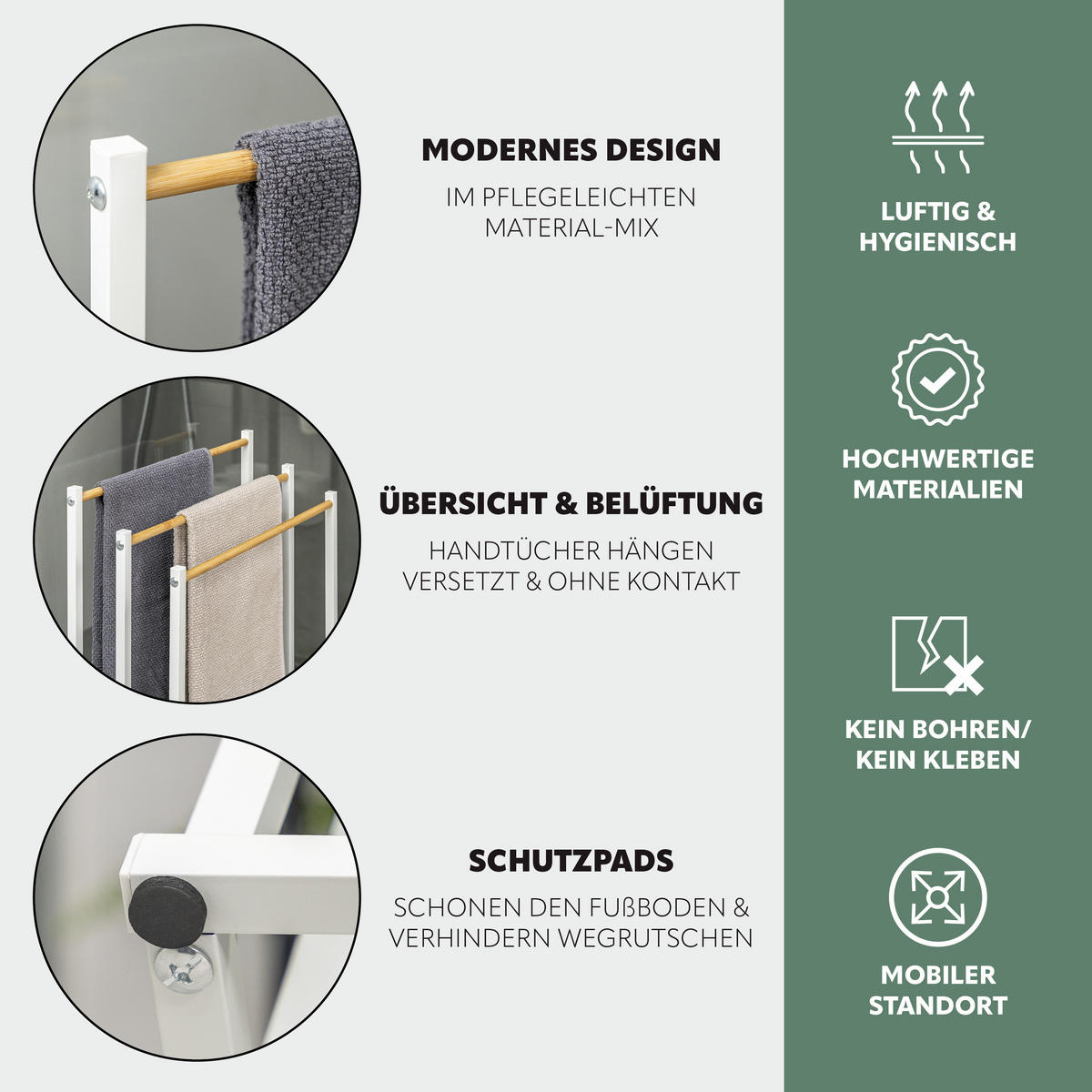 STAND-HANDTUCHHALTER, Bambus/Metall weiß - Weiß, Metall (45.5/76.5/22cm) - eluno