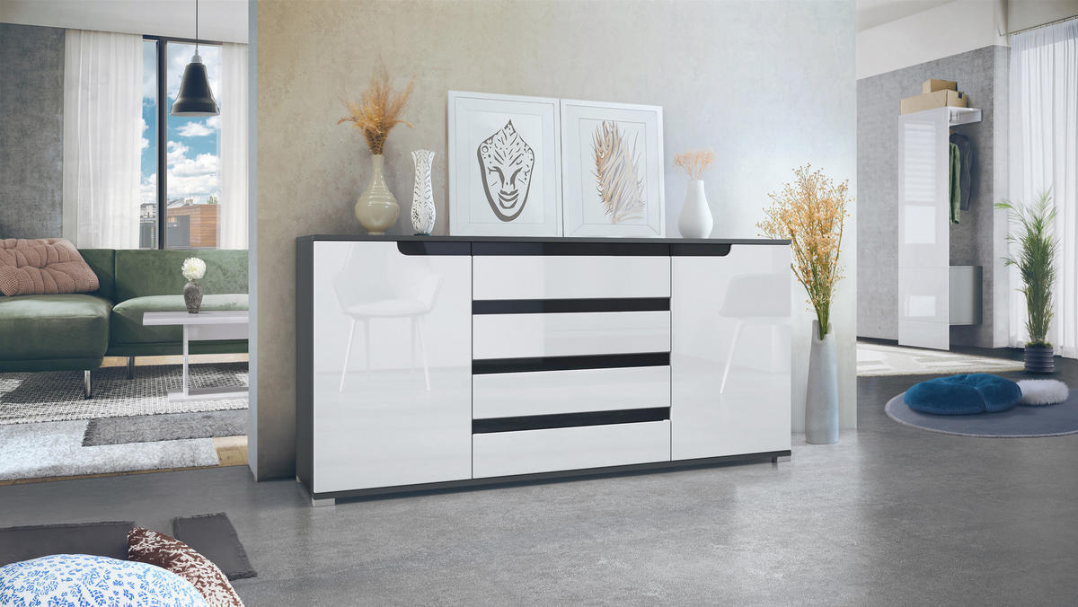 SIDEBOARD Sylt Weiß Hochglanz / Schwarz Hochglanz - Weiß Hochglanz, Holzwerkstoff (166.5/75.5/35cm) - Vladon