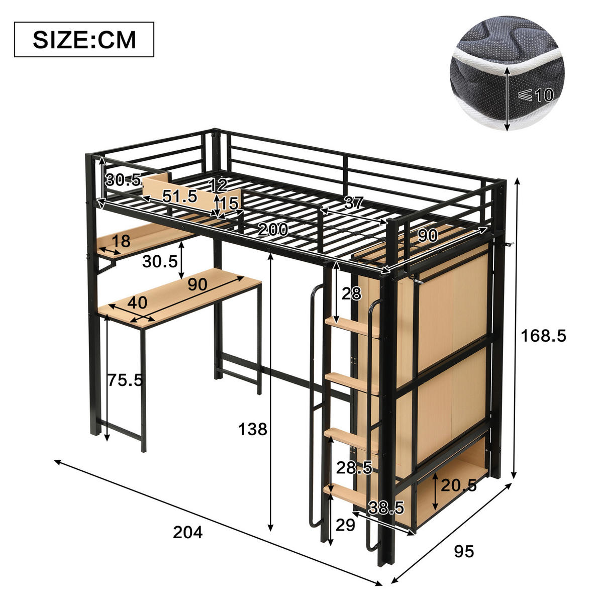 HOCHBETT aus Metall & Holz 90x200 cm in Schwarz mit Schreibtisch - Schwarz, Metall (90/200cm) - Modfu