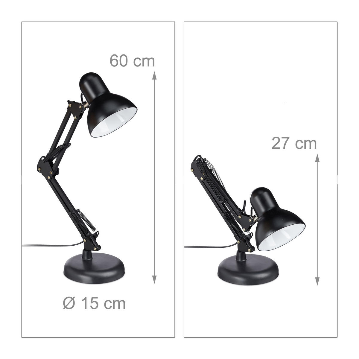 SCHREIBTISCHLAMPE - Schwarz, Kunststoff/Metall (15/28/50cm) - Relaxdays