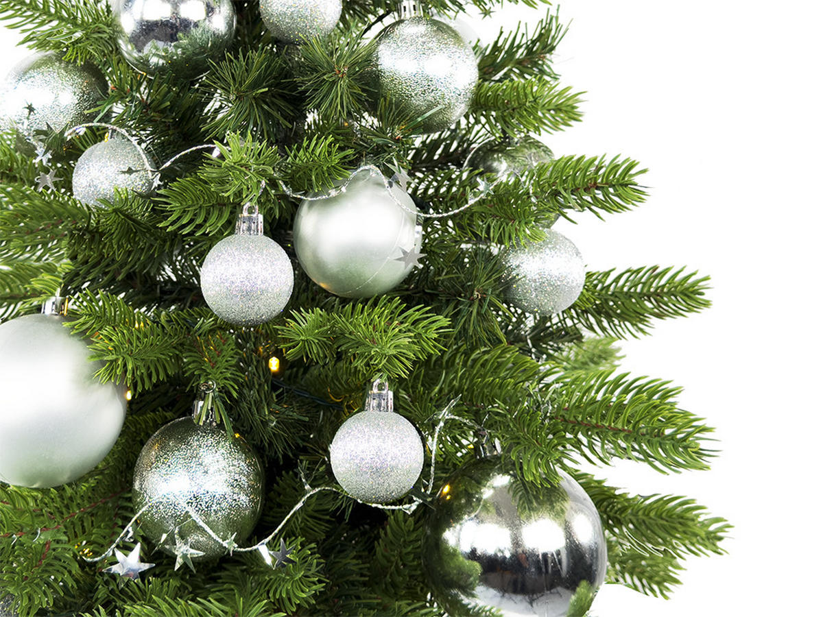 WEIHNACHTSBAUM künstlicher 60 cm mit LED-Beleuchtung, GOLDWEIHNACHTEN II, mit 34 Weihnachtsbaumschmuck, Pflanztopf mit Jutesack - Silberfarben/Grün, Kunststoff/Stein (40/60cm) - LAALU