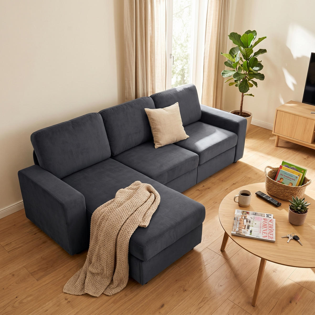 ECKSOFA Polyester Dunkelgrau mit Ottomane und Stauraum - Dunkelgrau, Holzwerkstoff/Textil (245.5/150.5cm) - WISHDOR
