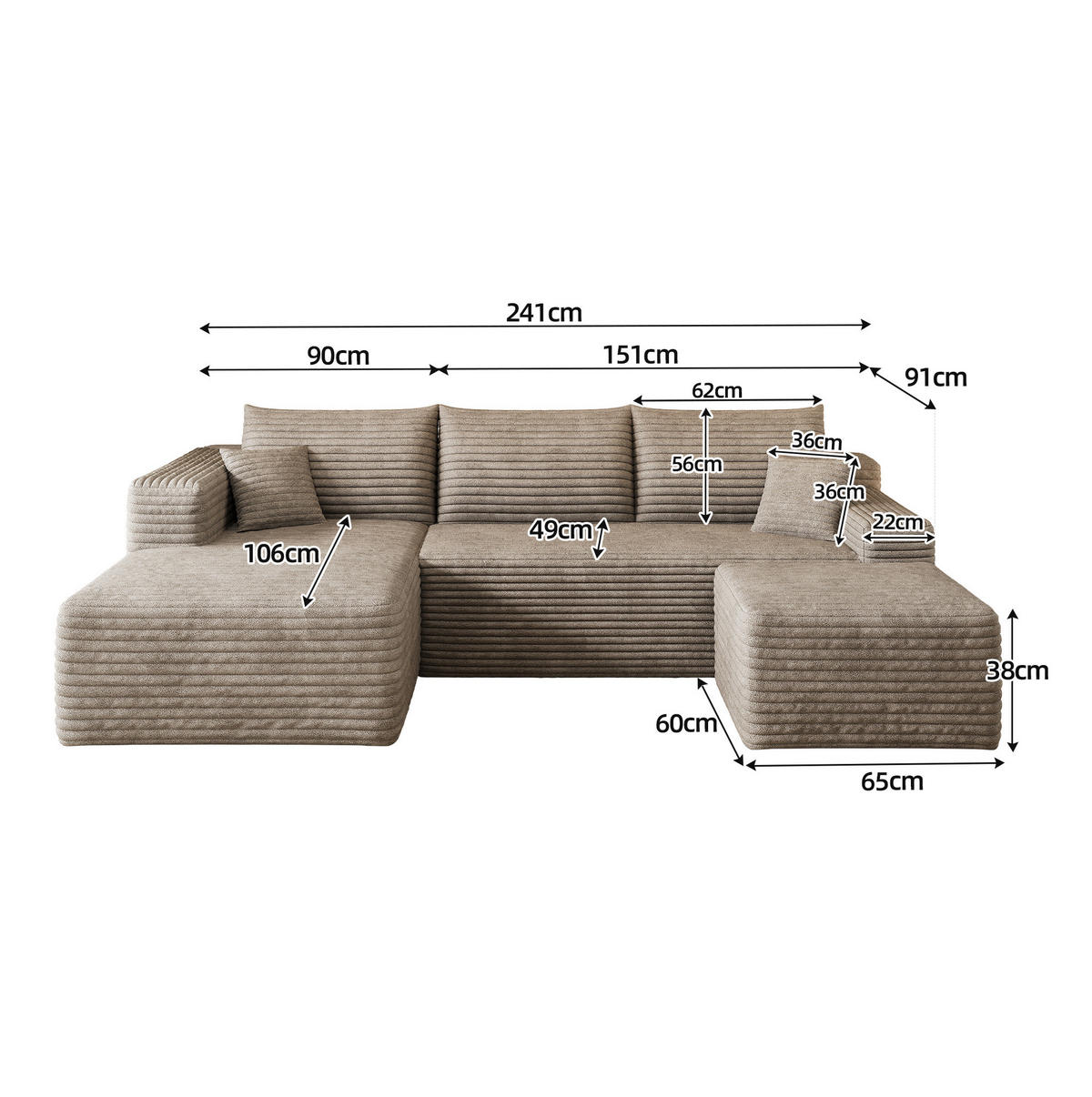 ECKSOFA 241/151/58 cm Camel aus Stoff mit Cordoptik und Chaiselongue ohne Montage - Hellgrau, Textil (151/241cm) - OKWISH