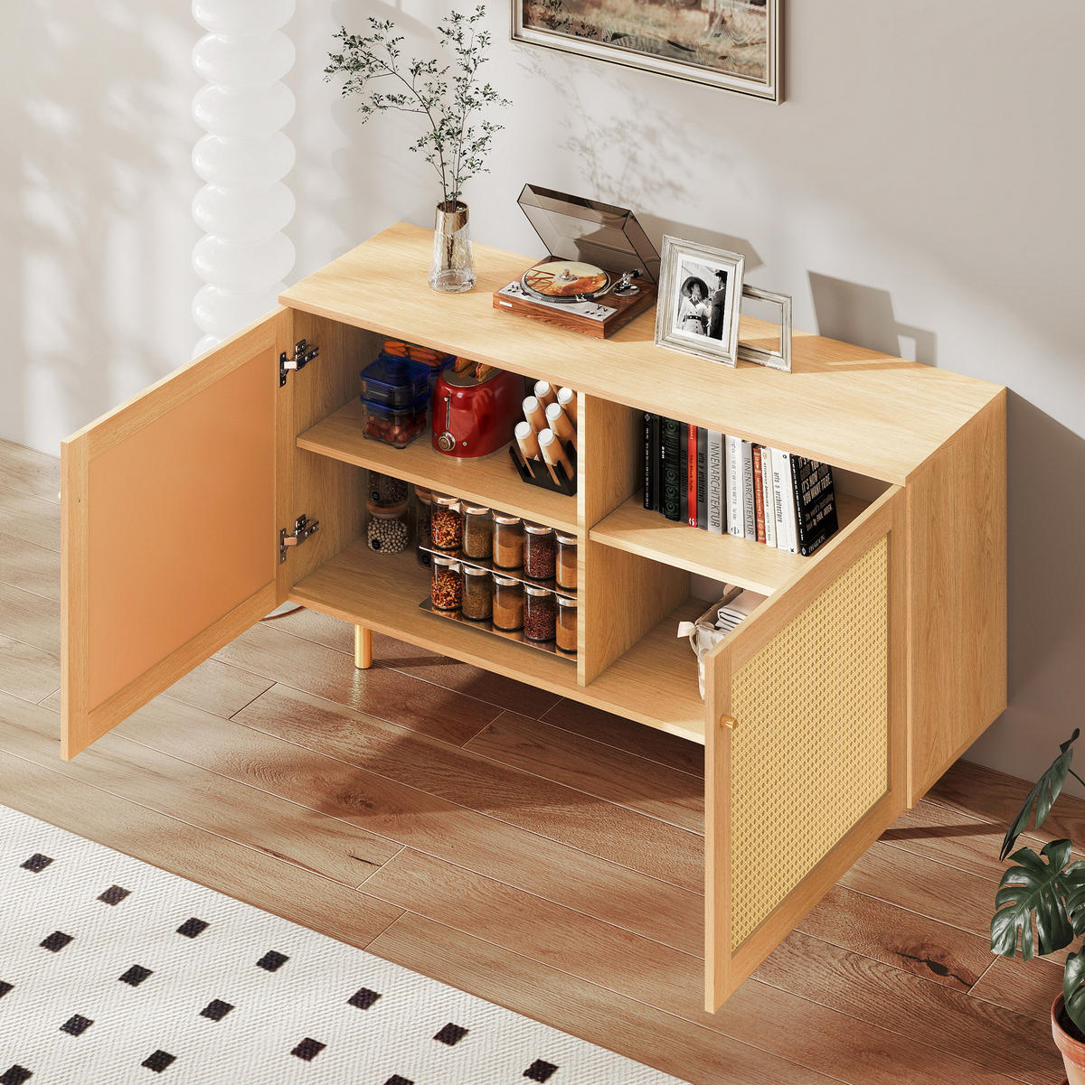 SIDEBOARD 120/40/63 cm in Natur mit Rattangeflecht und 2 Türen - Naturfarben, Holzwerkstoff (120/63/40cm) - Flora Grace