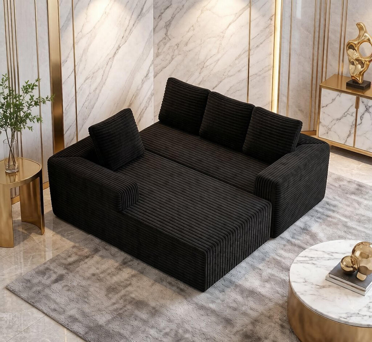 ECKSCHLAFSOFA aus Cord 261x168x58 cm mit Chaiselongue und ohne Montage, schwarz - Schwarz, Textil (261/168cm) - Luhomfu