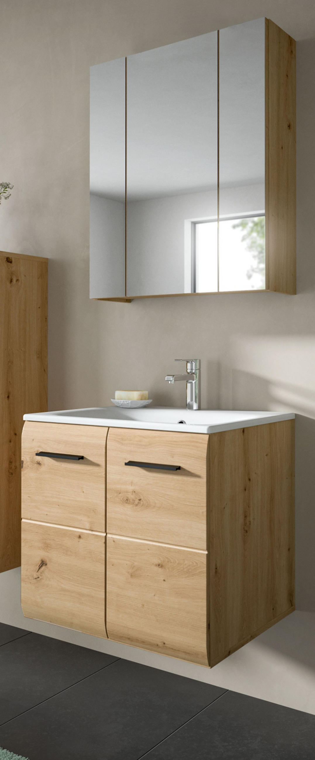 BADMÖBEL-SET 2-teilig in Artisan Eiche, Badkombination 60 x 185 cm, Cover - Schwarz/Eiche Artisan, Glas/Keramik (65/185/30cm) - Inn.Furn