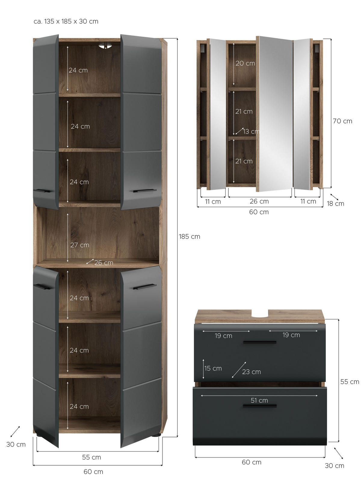 BADEZIMMER Alba 3-tlg. B/H/T: ca. 135/185/30 cm) in Nox Oak /schwarz matt - Eichefarben, Holz (135/185/30cm)