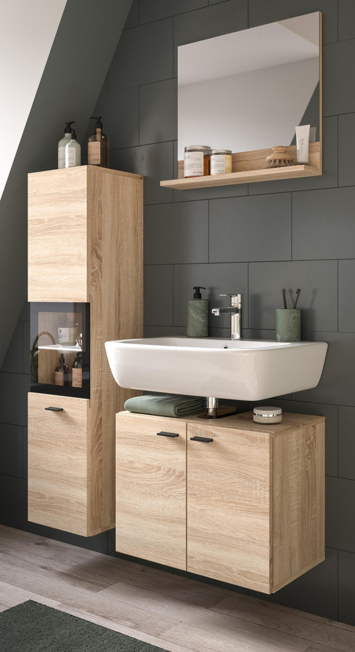 BADMÖBEL-SET Eiche 3-teilig 100 cm, Komplettset hängend oder stehend - Eichefarben/Schwarz, Glas/Holzwerkstoff (102/186/33cm) - Inn.Furn