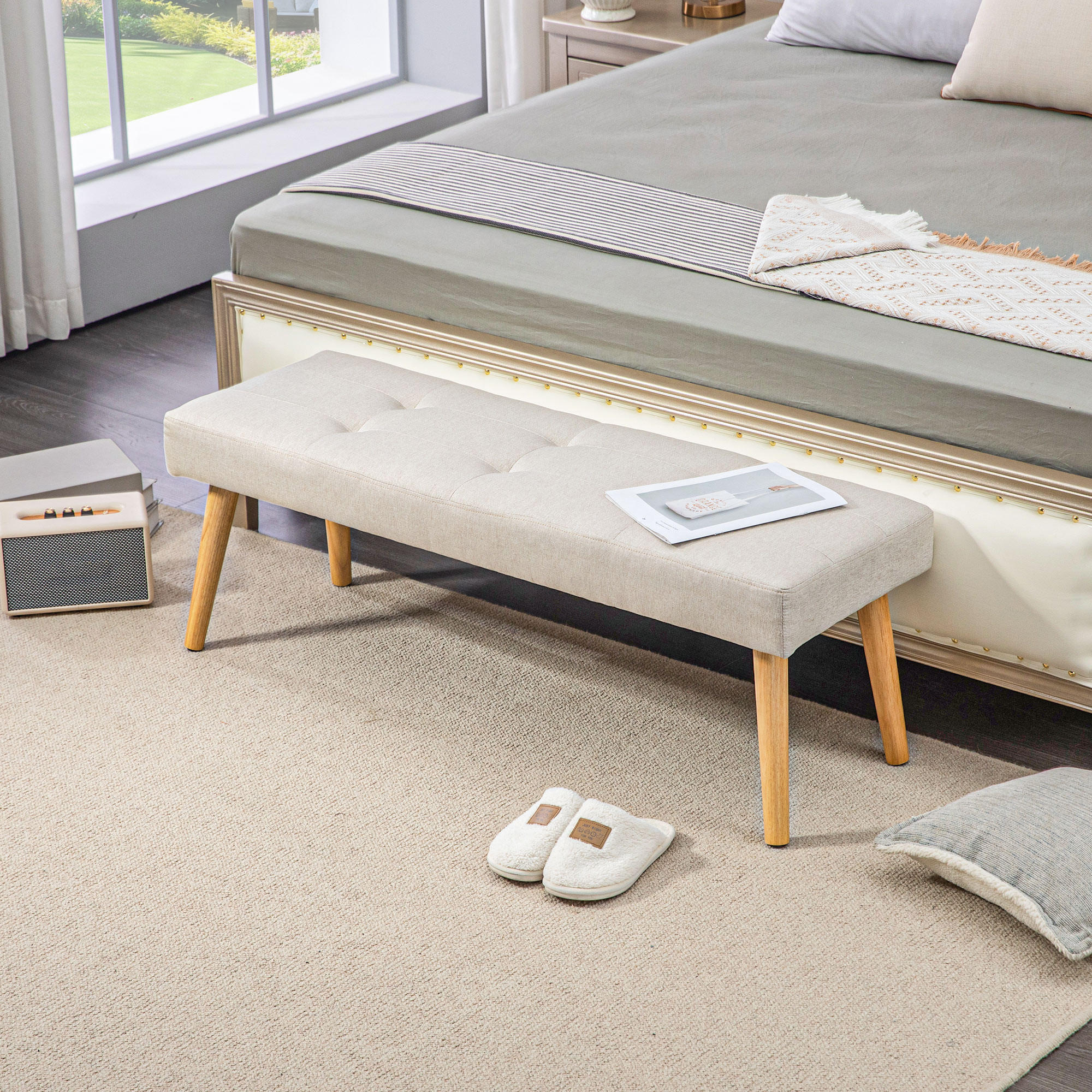 SITZBANK, Polsterbank mit Leinenoptik, Knopfheftung, Bettbank mit Holzbeine, Creme - Creme, Kunststoff (41/43/120cm) - HOMCOM