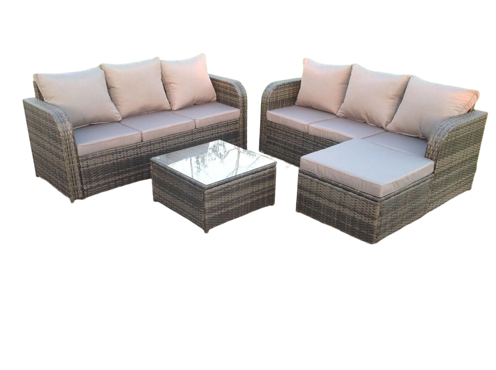 GARTENMÖBELSET mit Couchtisch Polyrattan 7-Sitzer - Dunkelgrau/Grau, Glas/Kunststoff - Fimous