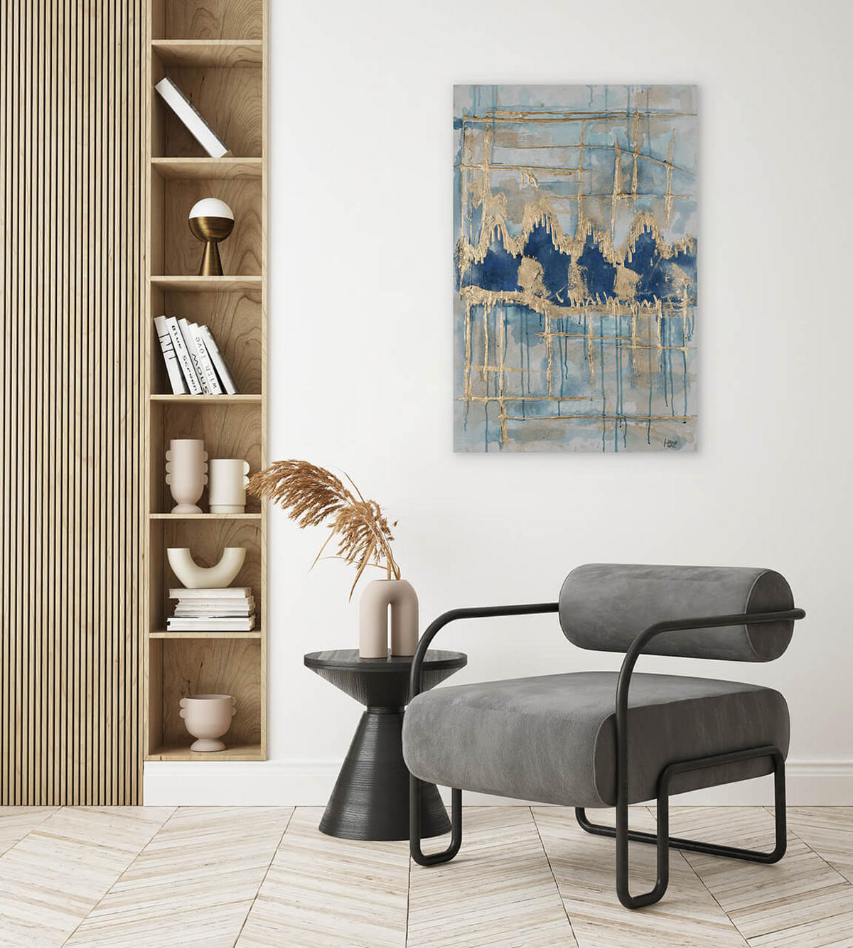OLEJOMAĽBA 60/90 cm, More a pláž - zlatá, drevo/textil (60/90cm) - KUNSTLOFT