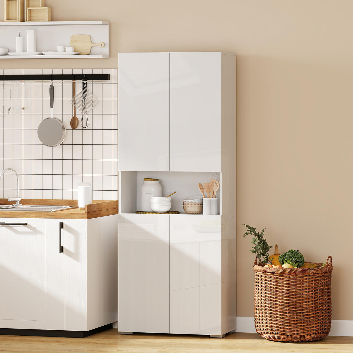 KÜCHENSCHRANK aus MDF 68/34/180 cm Hochglanzweiß - Weiß Hochglanz/Weiß, Holzwerkstoff (34/180/68cm) - HOMCOM