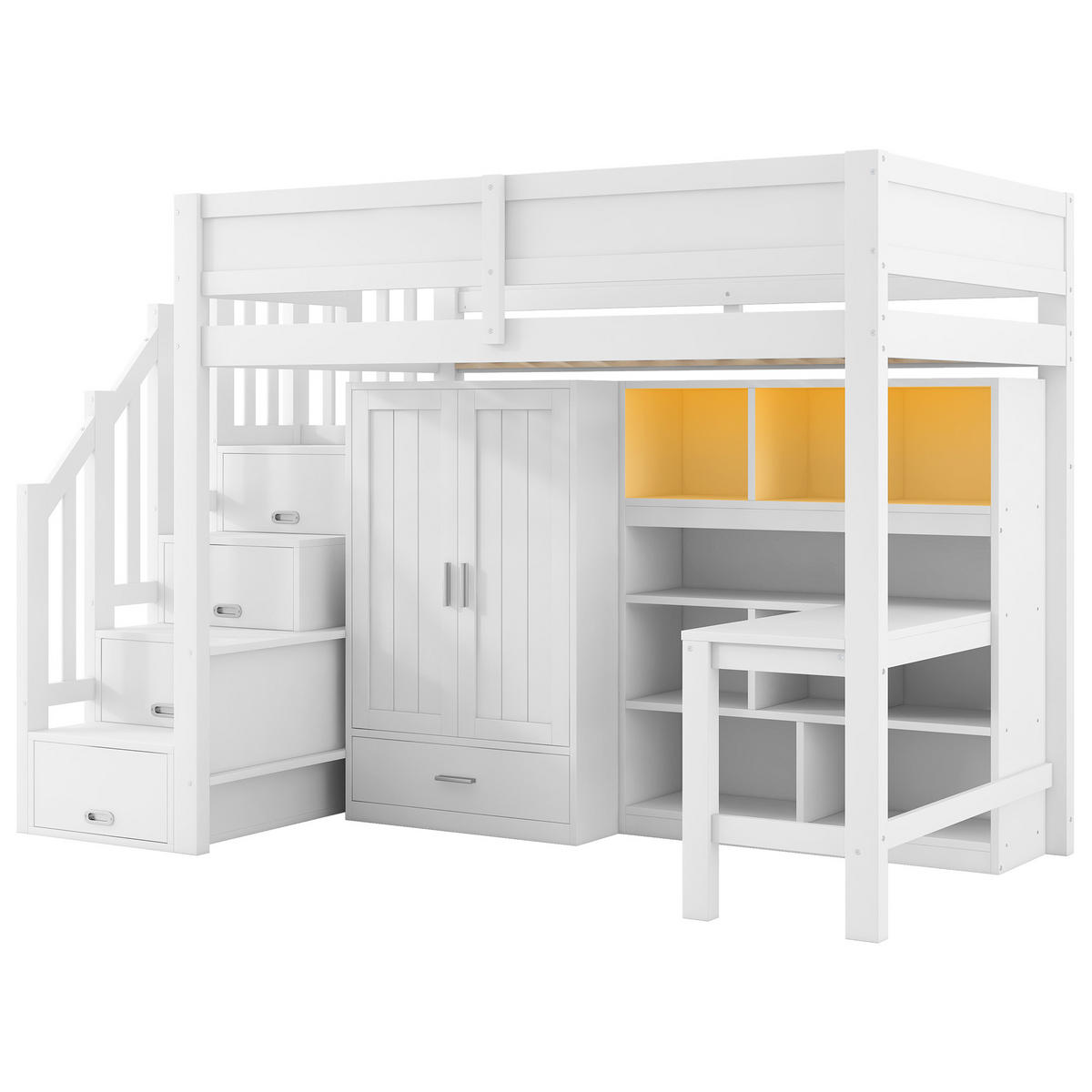 HOCHBETT 90/200 cm in Weiß mit Schreibtisch, Regal, Kleiderschrank, Stauraumtreppe und LED - Weiß, Holzwerkstoff (90/200cm) - STILVORA