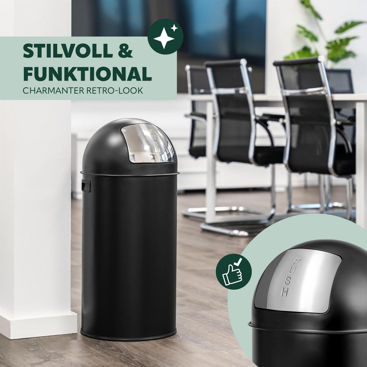 ABFALLEIMER Push-Deckel 35 L, schwarz - Schwarz, Metall (30.5/66.5/30.5cm) - eluno