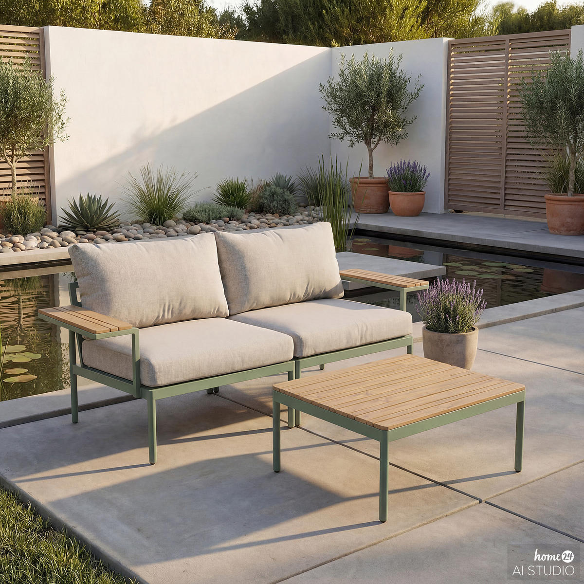 MODULARES LOUNGESET - 3-teilig - Stahl / Olefin - Grün, Kunststoff/Textil - home24