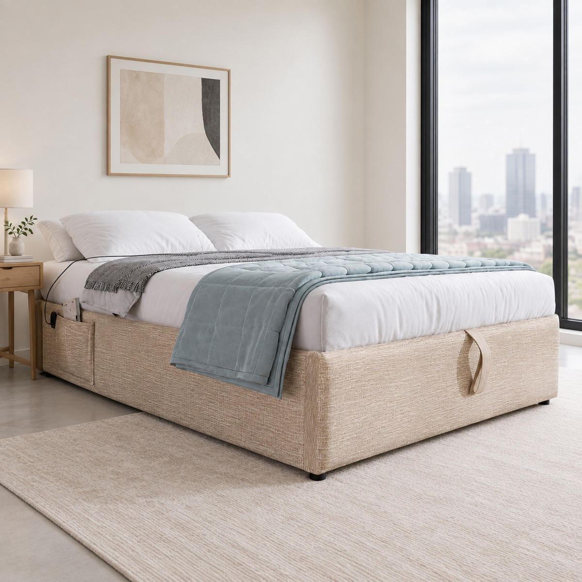 POLSTERBETT 140/200 mit Bettkasten, USB/Type-C und Vollholz-Lattenrost ohne Kopfteil in Natur - Naturfarben, Holzwerkstoff/Textil (140/200cm) - EVRYAE