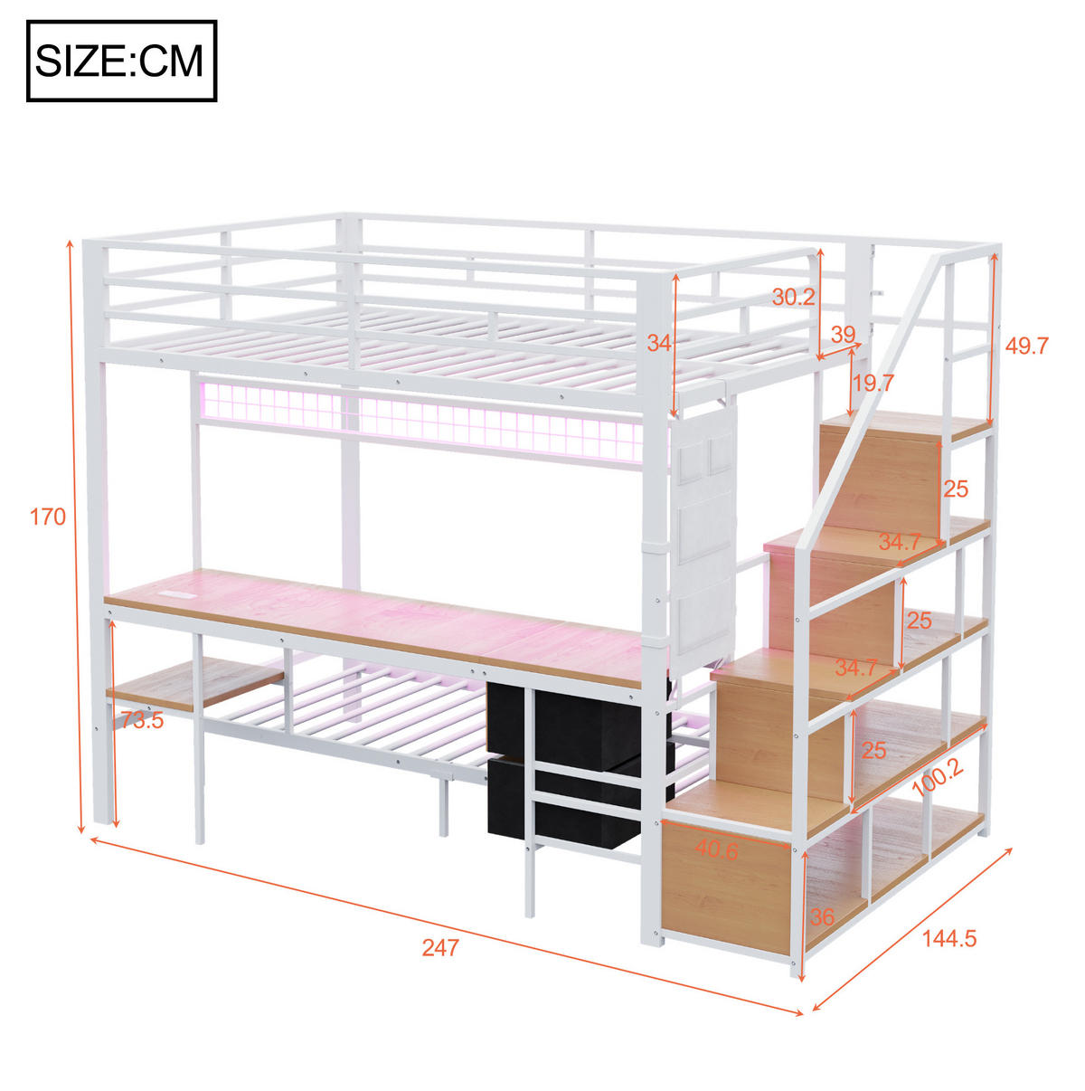 HOCHBETT 140/200 & 90/200 cm Weiß mit Schreibtisch und LED-Beleuchtung - Weiß, Metall (140/200cm) - Flora Grace