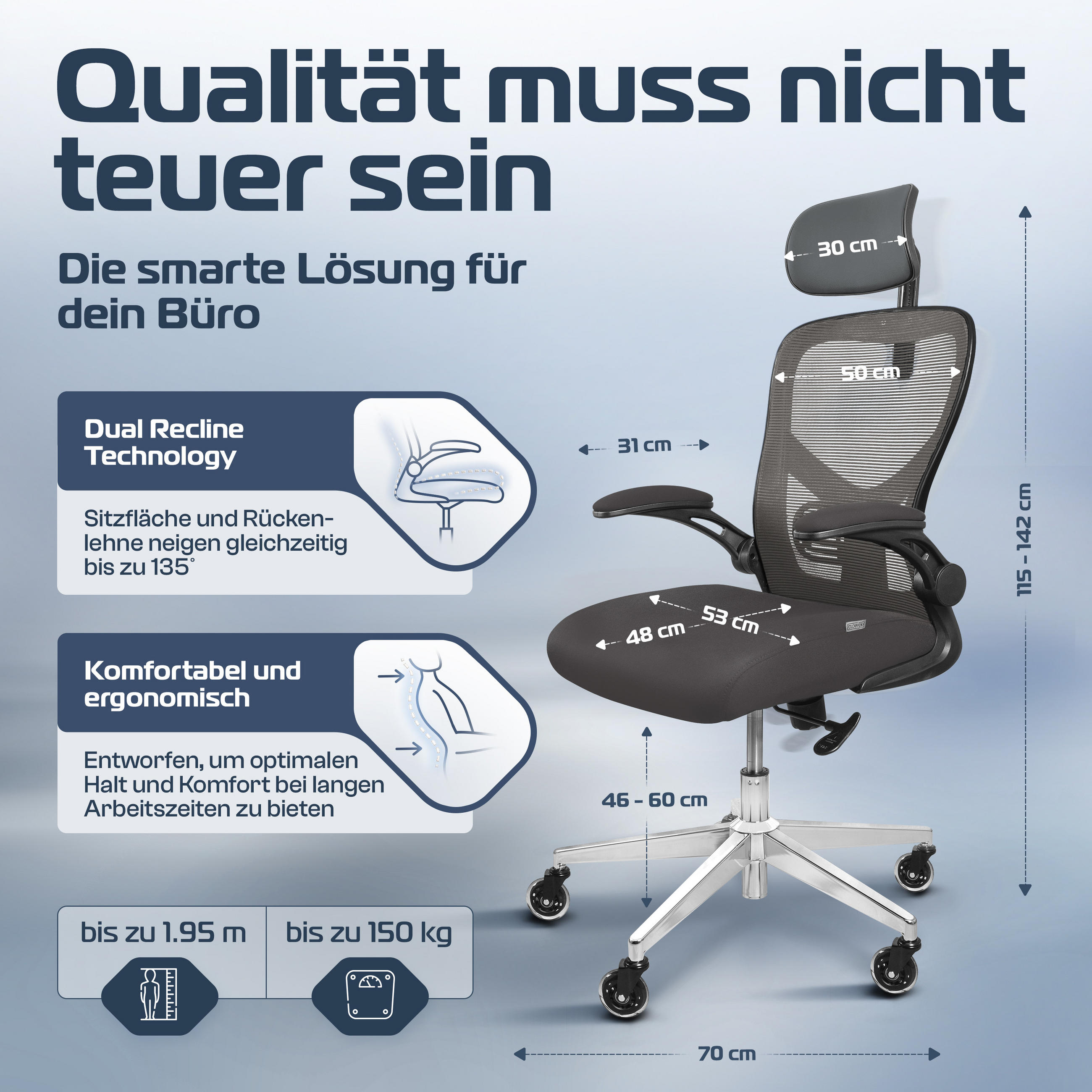 BÜROSTUHL SmartSeat Anthrazit - Anthrazit/Silberfarben, Kunststoff/Textil (70/142/70cm) - Clouvou