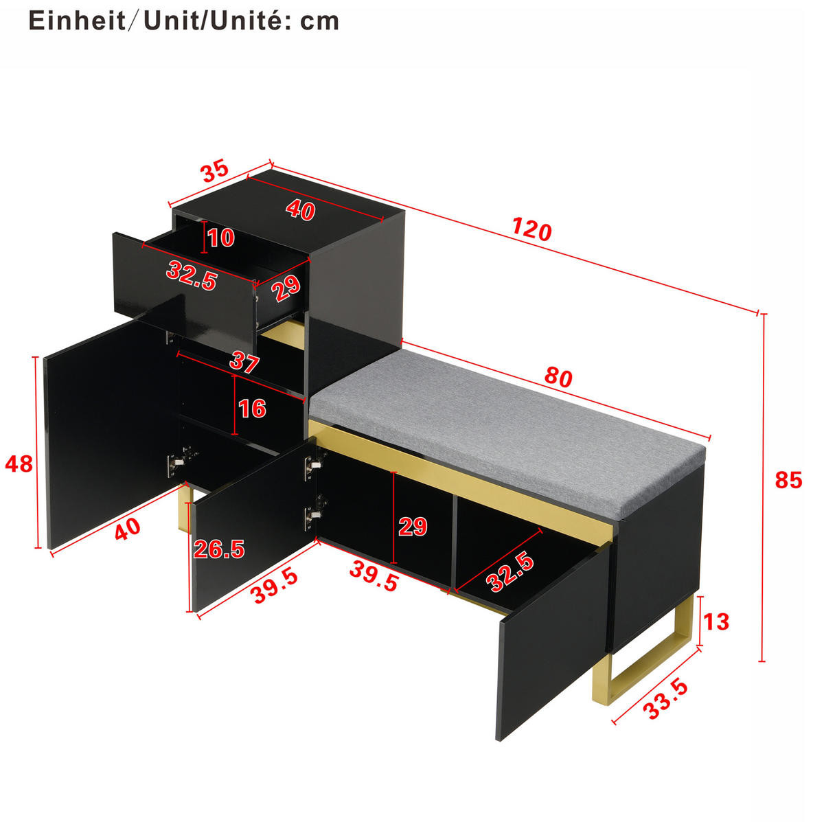 SCHUHSCHRANK 120/35/85 cm mit Sitzkissen, Schublade und Türen, teilweise hochglänzend, Schwarz - Schwarz, Holzwerkstoff (120/85/35cm) - Redom