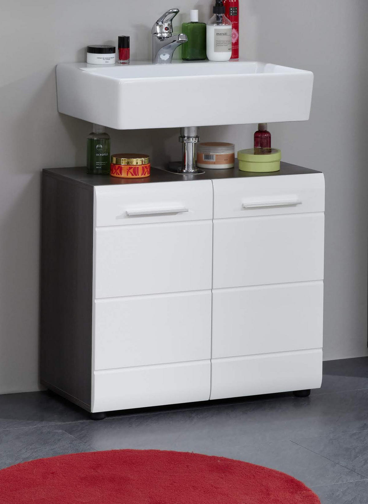 WASCHBECKENUNTERSCHRANK weiß Hochglanz, grau Badschrank 60 x 57 cm - Weiß Hochglanz/Silberfarben, Holzwerkstoff/Kunststoff (60/57/31cm) - Top.Furn