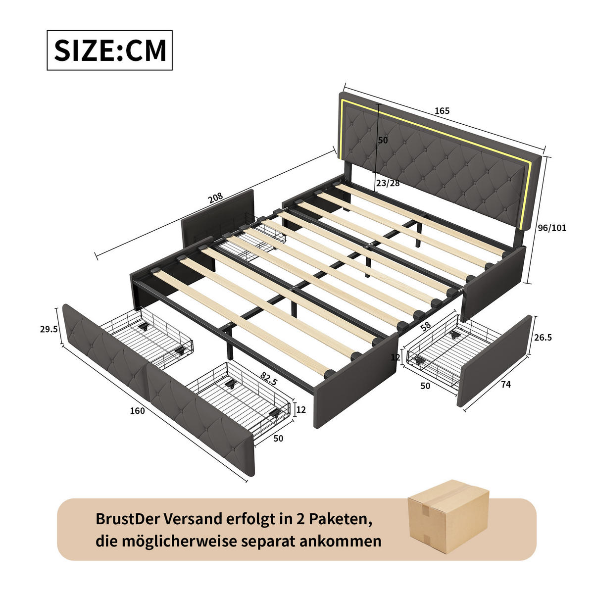 POLSTERBETT 160x200 cm LED 4 Schubladen PU Leder grau - Grau, Holz (160/200cm) - LEBENLANG